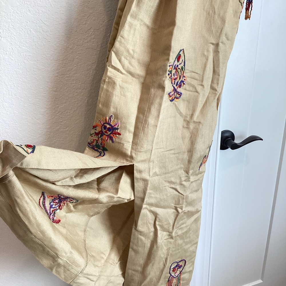 🐟 FARM Rio Anthropologie Embroidered Linen Dress Tan Fish Snake Floral New - Picture 9 of 16